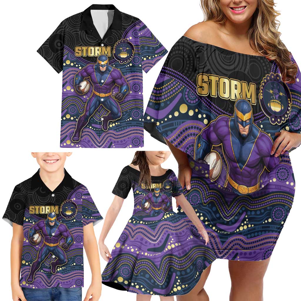 Custom Storm Family Matching Off Shoulder Short Dress and Hawaiian Shirt Warrior Mascot With Aboriginal Indigenous