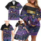 Custom Storm Family Matching Off Shoulder Short Dress and Hawaiian Shirt Warrior Mascot With Aboriginal Indigenous