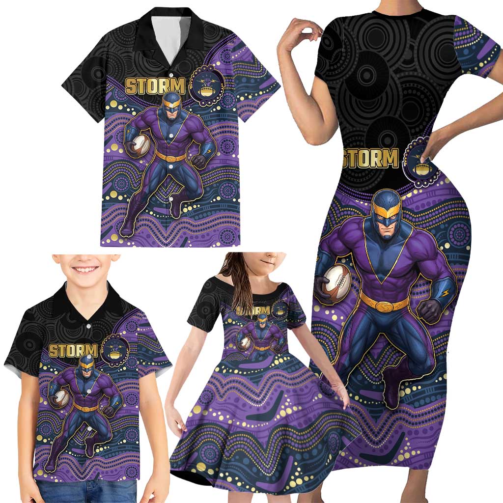 Custom Storm Family Matching Short Sleeve Bodycon Dress and Hawaiian Shirt Warrior Mascot With Aboriginal Indigenous