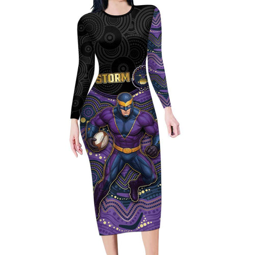 Custom Storm Long Sleeve Bodycon Dress Warrior Mascot With Aboriginal Indigenous