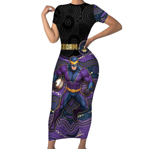 Custom Storm Short Sleeve Bodycon Dress Warrior Mascot With Aboriginal Indigenous