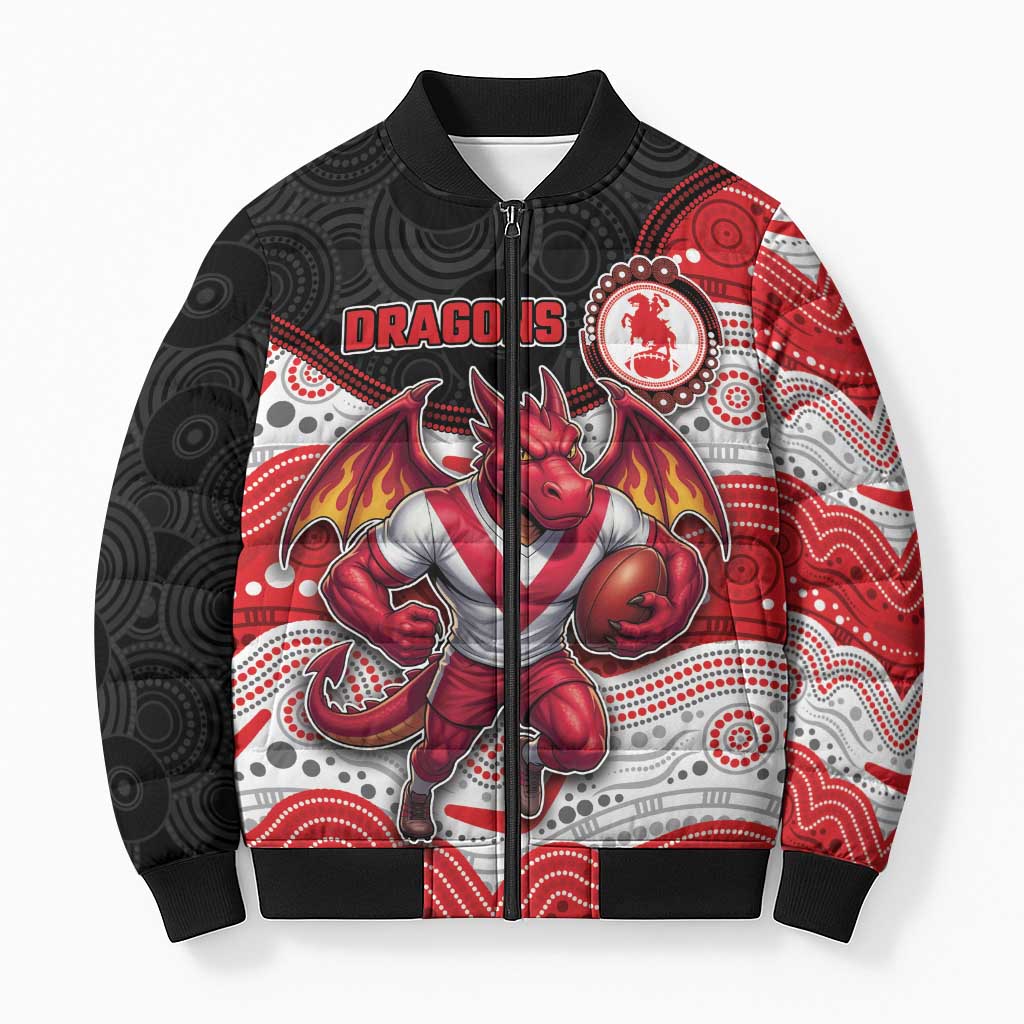 Custom Dragons Bomber Puffer Jacket Warrior Mascot With Aboriginal Indigenous