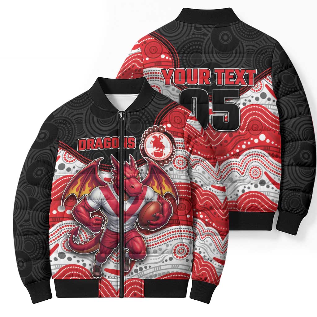 Custom Dragons Bomber Puffer Jacket Warrior Mascot With Aboriginal Indigenous