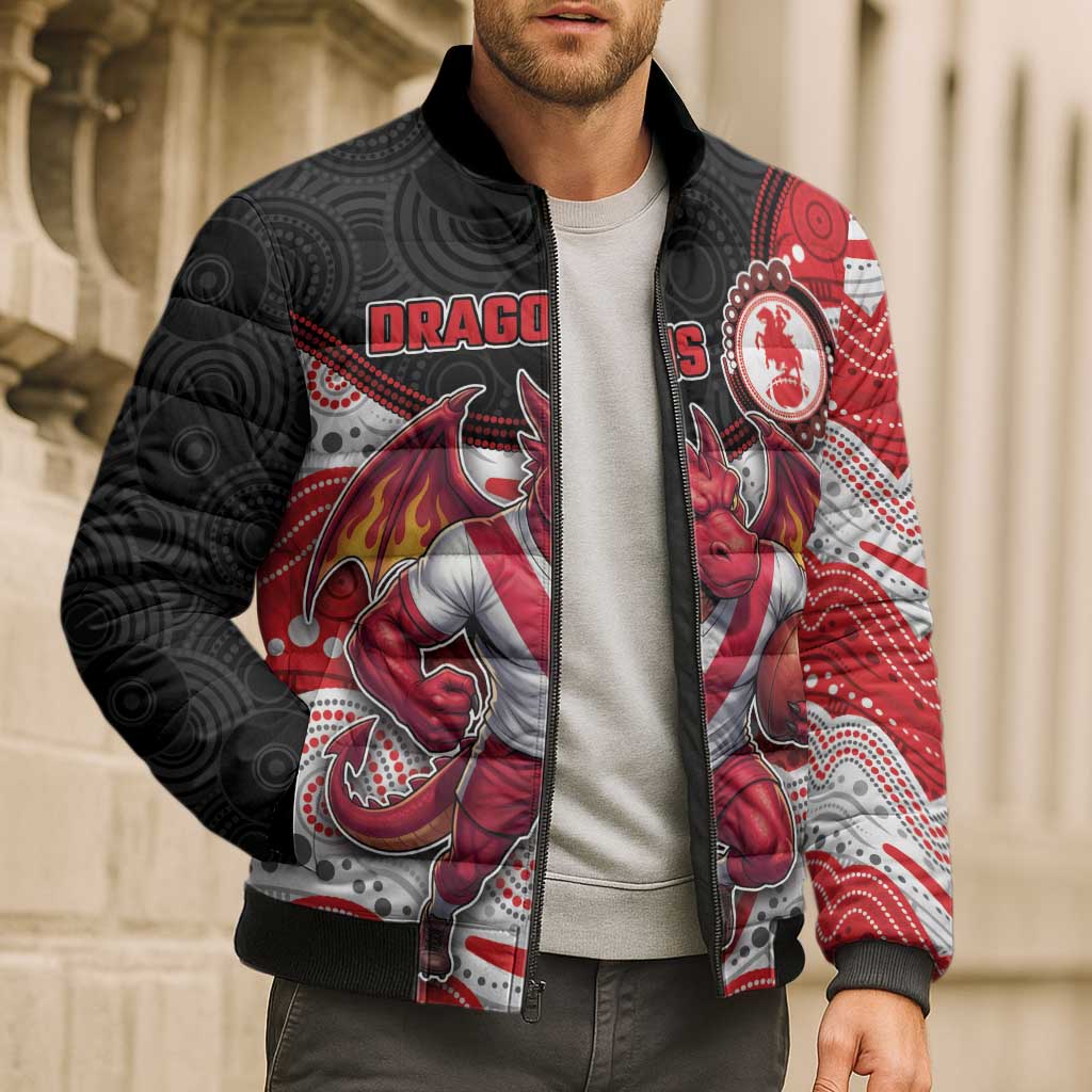 Custom Dragons Bomber Puffer Jacket Warrior Mascot With Aboriginal Indigenous
