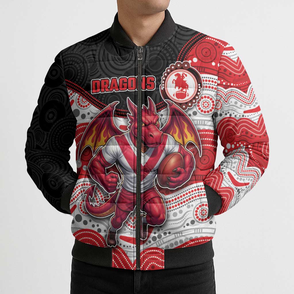 Custom Dragons Bomber Puffer Jacket Warrior Mascot With Aboriginal Indigenous