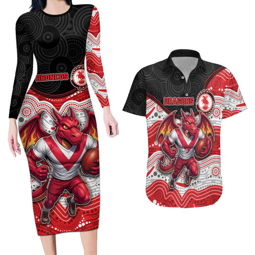 Custom Dragons Couples Matching Long Sleeve Bodycon Dress and Hawaiian Shirt Warrior Mascot With Aboriginal Indigenous