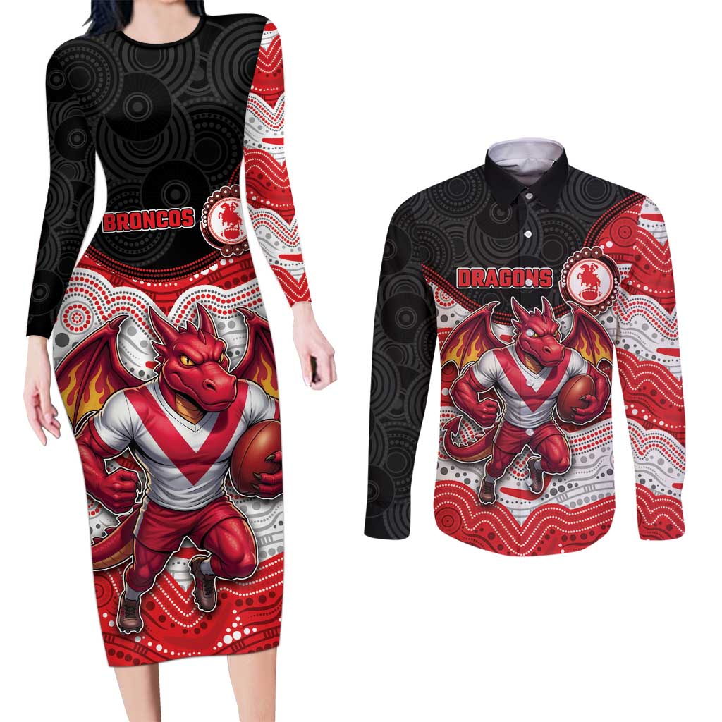Custom Dragons Couples Matching Long Sleeve Bodycon Dress and Long Sleeve Button Shirt Warrior Mascot With Aboriginal Indigenous