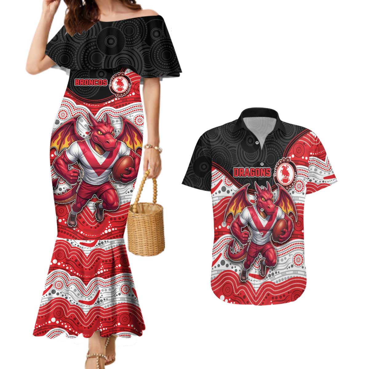 Custom Dragons Couples Matching Mermaid Dress and Hawaiian Shirt Warrior Mascot With Aboriginal Indigenous