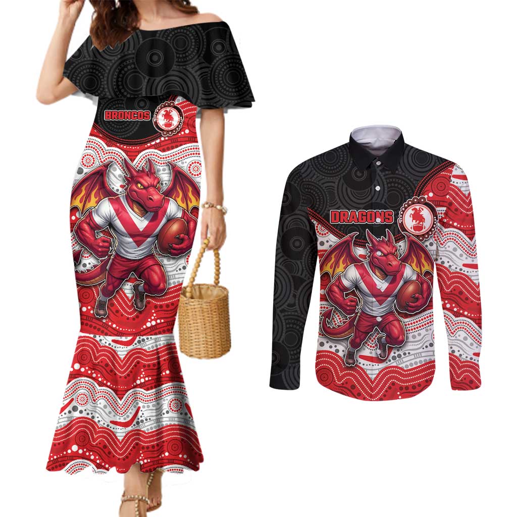 Custom Dragons Couples Matching Mermaid Dress and Long Sleeve Button Shirt Warrior Mascot With Aboriginal Indigenous