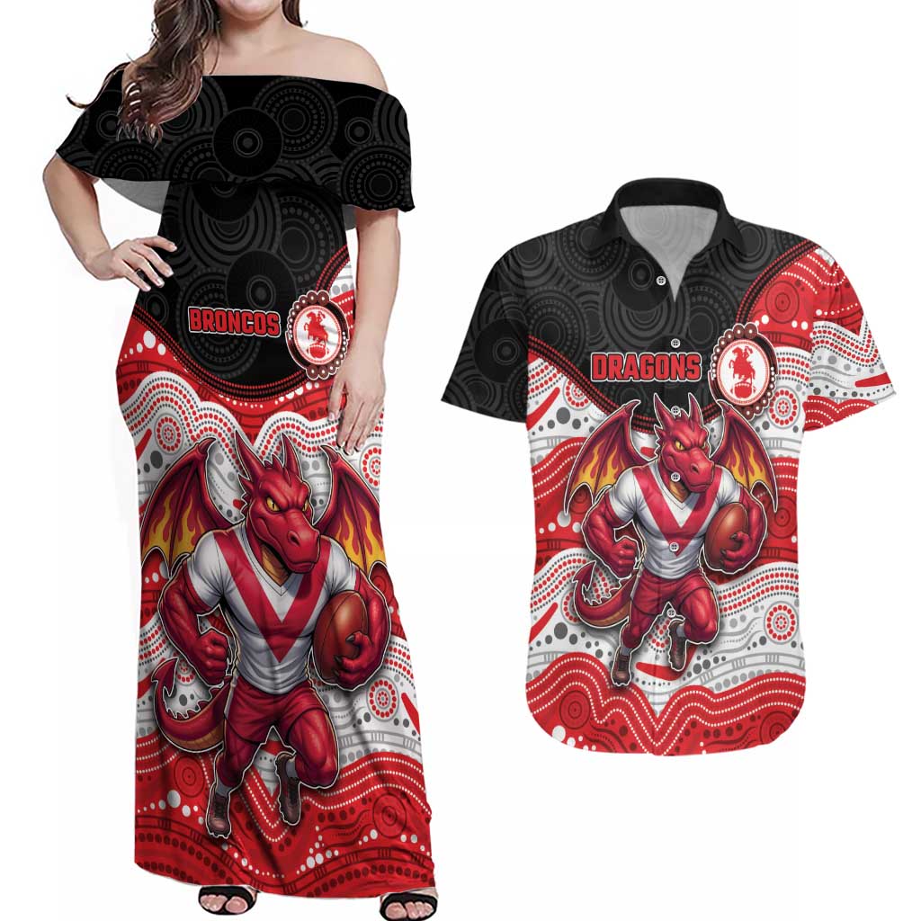 Custom Dragons Couples Matching Off Shoulder Maxi Dress and Hawaiian Shirt Warrior Mascot With Aboriginal Indigenous