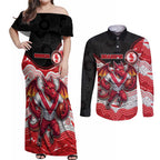 Custom Dragons Couples Matching Off Shoulder Maxi Dress and Long Sleeve Button Shirt Warrior Mascot With Aboriginal Indigenous