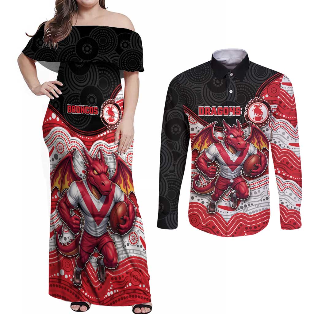 Custom Dragons Couples Matching Off Shoulder Maxi Dress and Long Sleeve Button Shirt Warrior Mascot With Aboriginal Indigenous