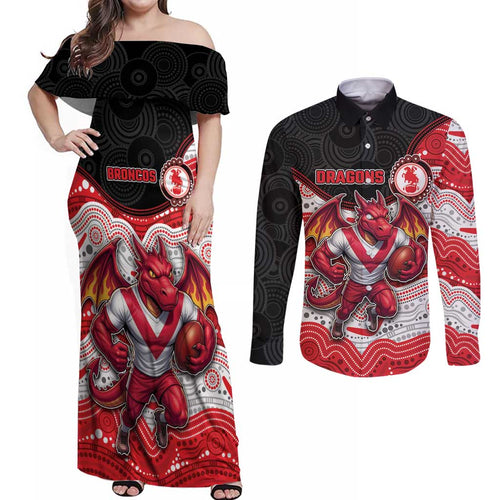 Custom Dragons Couples Matching Off Shoulder Maxi Dress and Long Sleeve Button Shirt Warrior Mascot With Aboriginal Indigenous