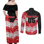 Custom Dragons Couples Matching Off Shoulder Maxi Dress and Long Sleeve Button Shirt Warrior Mascot With Aboriginal Indigenous