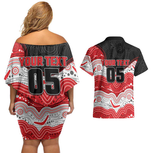 Custom Dragons Couples Matching Off Shoulder Short Dress and Hawaiian Shirt Warrior Mascot With Aboriginal Indigenous