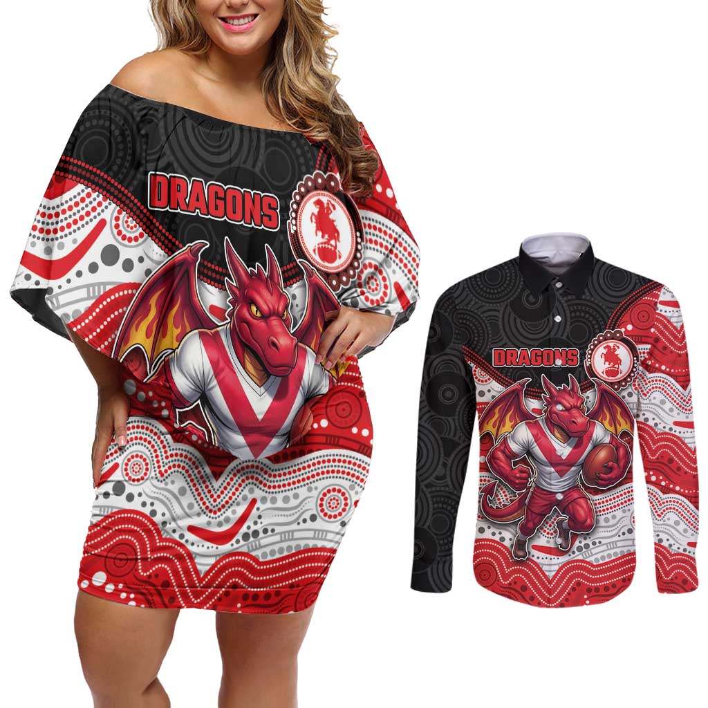Custom Dragons Couples Matching Off Shoulder Short Dress and Long Sleeve Button Shirt Warrior Mascot With Aboriginal Indigenous