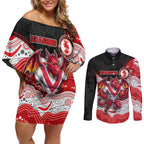 Custom Dragons Couples Matching Off Shoulder Short Dress and Long Sleeve Button Shirt Warrior Mascot With Aboriginal Indigenous