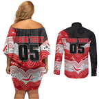 Custom Dragons Couples Matching Off Shoulder Short Dress and Long Sleeve Button Shirt Warrior Mascot With Aboriginal Indigenous
