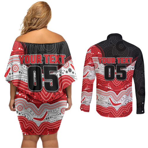 Custom Dragons Couples Matching Off Shoulder Short Dress and Long Sleeve Button Shirt Warrior Mascot With Aboriginal Indigenous