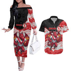 Custom Dragons Couples Matching Off The Shoulder Long Sleeve Dress and Hawaiian Shirt Warrior Mascot With Aboriginal Indigenous