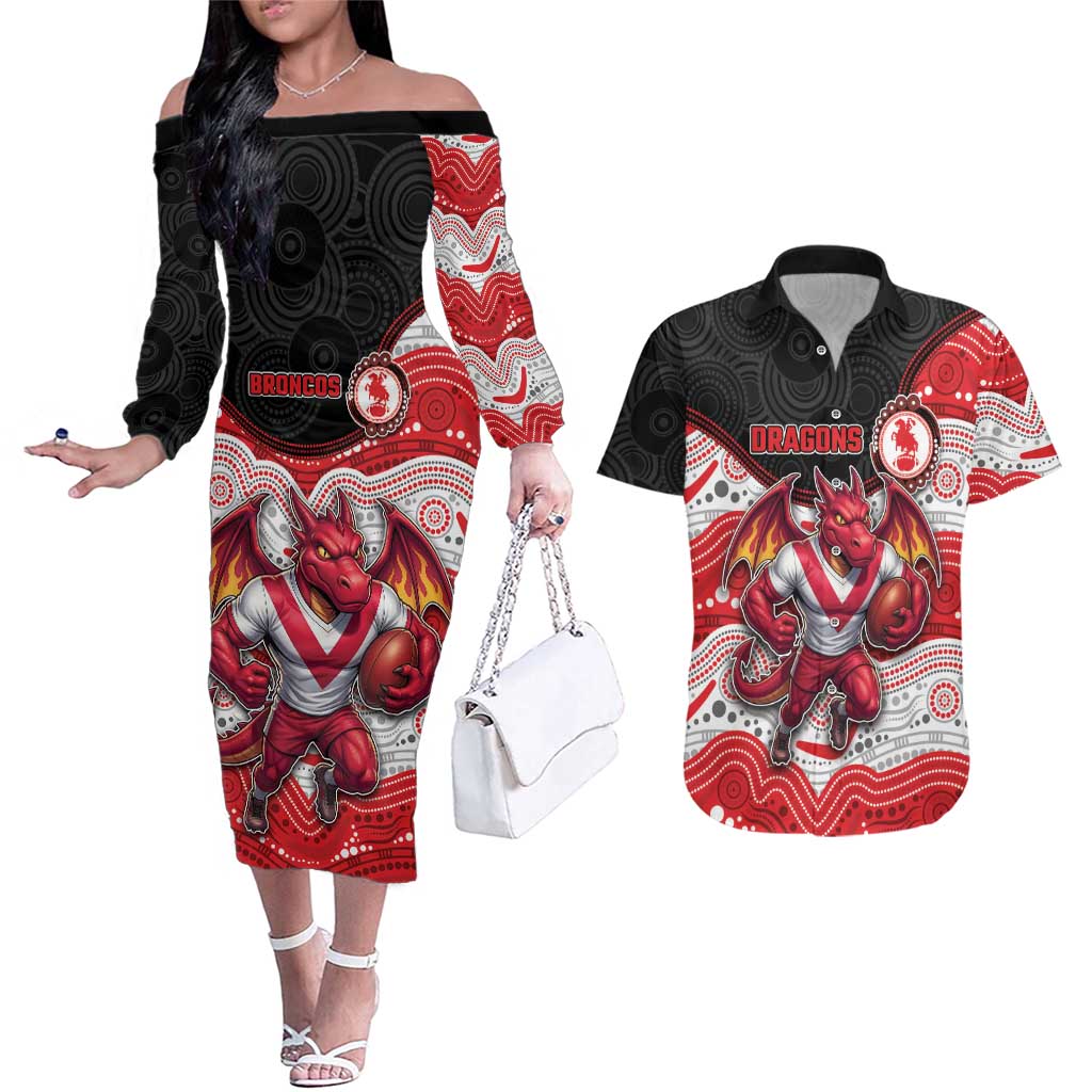 Custom Dragons Couples Matching Off The Shoulder Long Sleeve Dress and Hawaiian Shirt Warrior Mascot With Aboriginal Indigenous