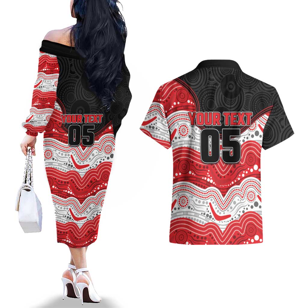 Custom Dragons Couples Matching Off The Shoulder Long Sleeve Dress and Hawaiian Shirt Warrior Mascot With Aboriginal Indigenous