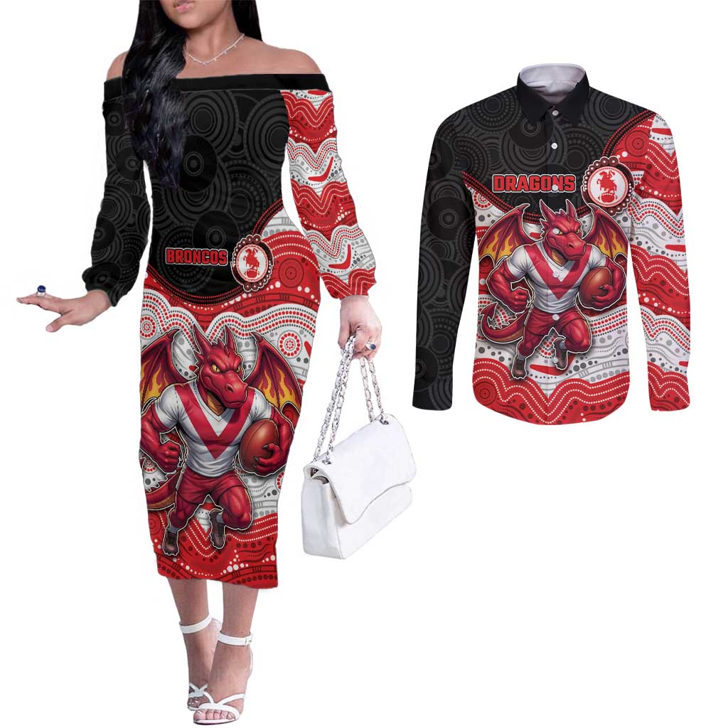 Custom Dragons Couples Matching Off The Shoulder Long Sleeve Dress and Long Sleeve Button Shirt Warrior Mascot With Aboriginal Indigenous