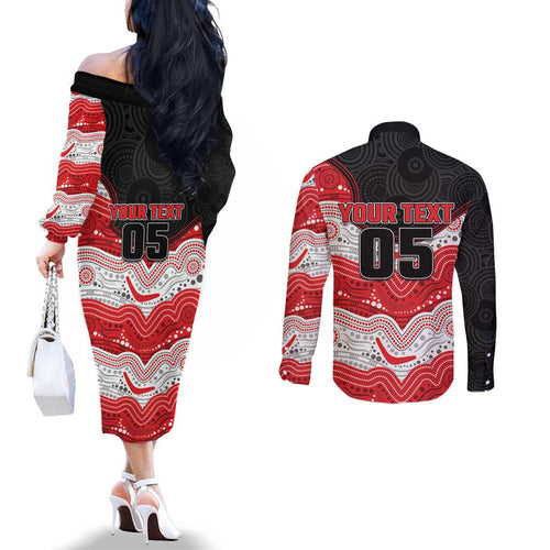 Custom Dragons Couples Matching Off The Shoulder Long Sleeve Dress and Long Sleeve Button Shirt Warrior Mascot With Aboriginal Indigenous