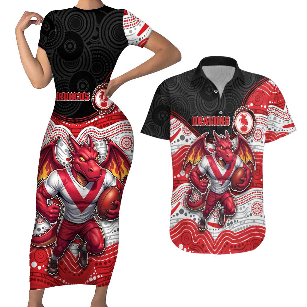 Custom Dragons Couples Matching Short Sleeve Bodycon Dress and Hawaiian Shirt Warrior Mascot With Aboriginal Indigenous