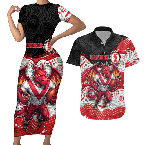 Custom Dragons Couples Matching Short Sleeve Bodycon Dress and Hawaiian Shirt Warrior Mascot With Aboriginal Indigenous