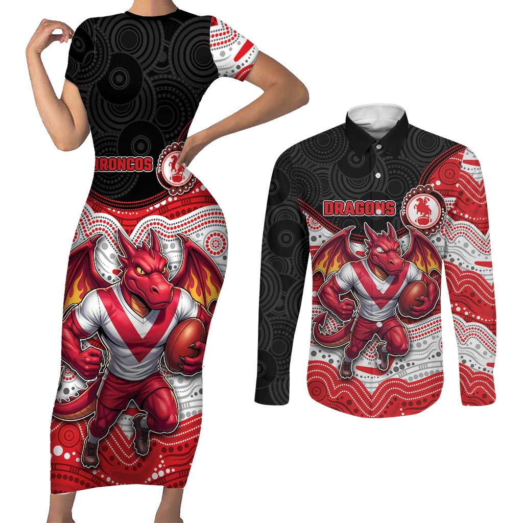 Custom Dragons Couples Matching Short Sleeve Bodycon Dress and Long Sleeve Button Shirt Warrior Mascot With Aboriginal Indigenous
