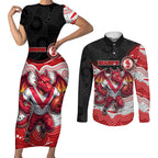Custom Dragons Couples Matching Short Sleeve Bodycon Dress and Long Sleeve Button Shirt Warrior Mascot With Aboriginal Indigenous