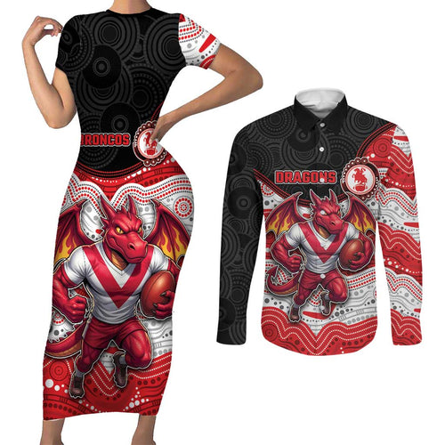 Custom Dragons Couples Matching Short Sleeve Bodycon Dress and Long Sleeve Button Shirt Warrior Mascot With Aboriginal Indigenous