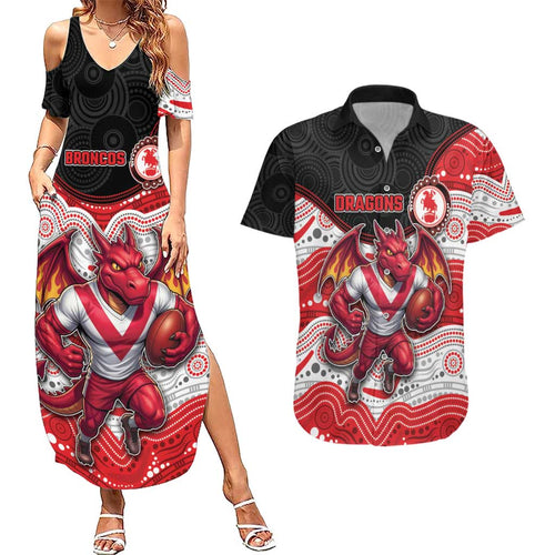 Custom Dragons Couples Matching Summer Maxi Dress and Hawaiian Shirt Warrior Mascot With Aboriginal Indigenous