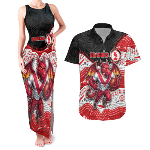 Custom Dragons Couples Matching Tank Maxi Dress and Hawaiian Shirt Warrior Mascot With Aboriginal Indigenous