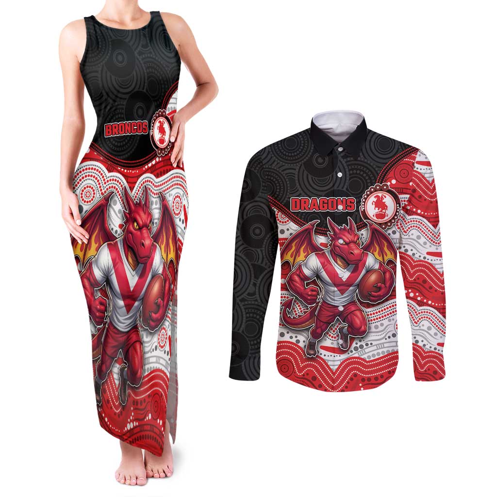 Custom Dragons Couples Matching Tank Maxi Dress and Long Sleeve Button Shirt Warrior Mascot With Aboriginal Indigenous