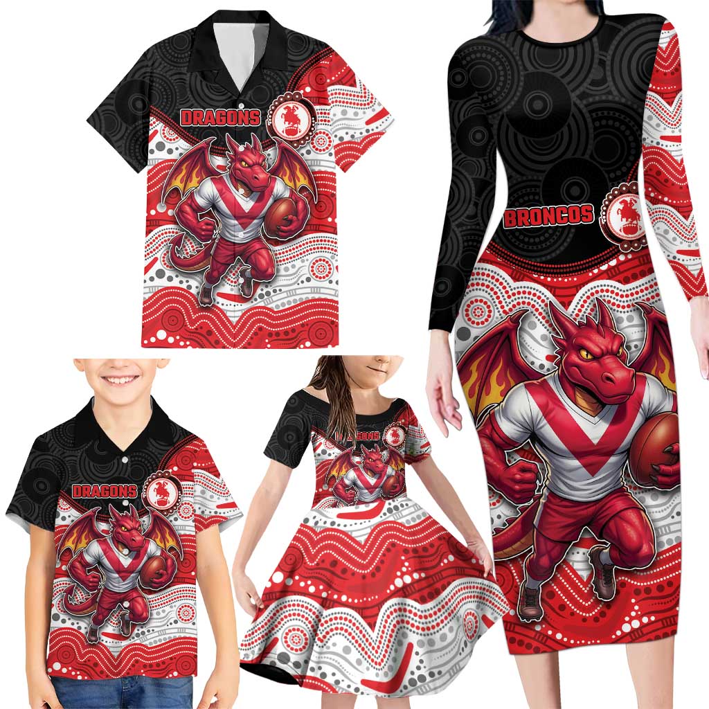 Custom Dragons Family Matching Long Sleeve Bodycon Dress and Hawaiian Shirt Warrior Mascot With Aboriginal Indigenous