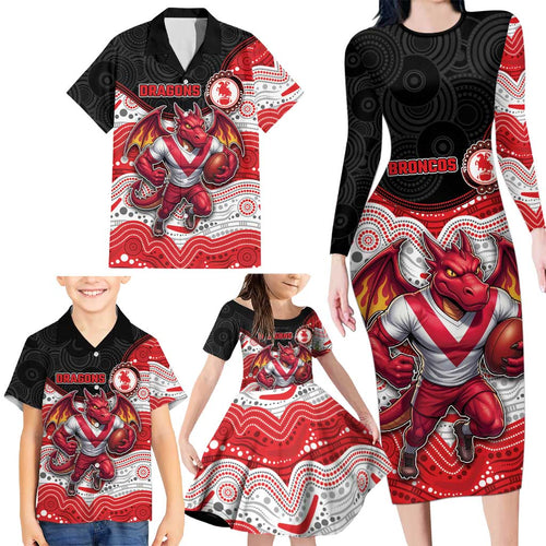Custom Dragons Family Matching Long Sleeve Bodycon Dress and Hawaiian Shirt Warrior Mascot With Aboriginal Indigenous