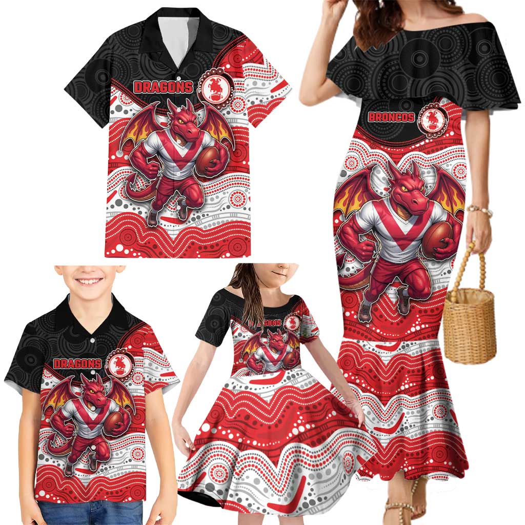 Custom Dragons Family Matching Mermaid Dress and Hawaiian Shirt Warrior Mascot With Aboriginal Indigenous