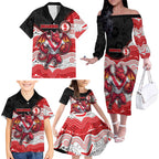 Custom Dragons Family Matching Off The Shoulder Long Sleeve Dress and Hawaiian Shirt Warrior Mascot With Aboriginal Indigenous