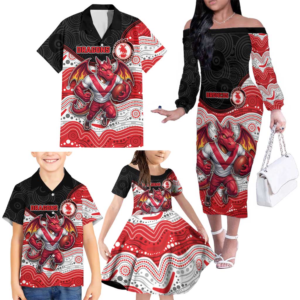 Custom Dragons Family Matching Off The Shoulder Long Sleeve Dress and Hawaiian Shirt Warrior Mascot With Aboriginal Indigenous