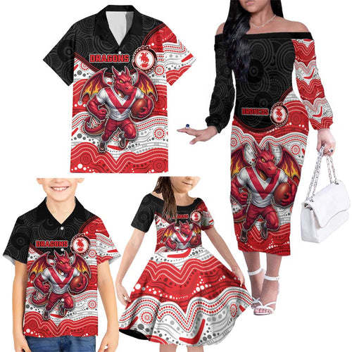 Custom Dragons Family Matching Off The Shoulder Long Sleeve Dress and Hawaiian Shirt Warrior Mascot With Aboriginal Indigenous