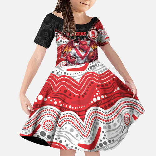 Custom Dragons Family Matching Off The Shoulder Long Sleeve Dress and Hawaiian Shirt Warrior Mascot With Aboriginal Indigenous