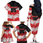Custom Dragons Family Matching Off The Shoulder Long Sleeve Dress and Hawaiian Shirt Warrior Mascot With Aboriginal Indigenous