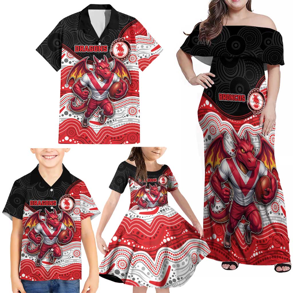 Custom Dragons Family Matching Off Shoulder Maxi Dress and Hawaiian Shirt Warrior Mascot With Aboriginal Indigenous
