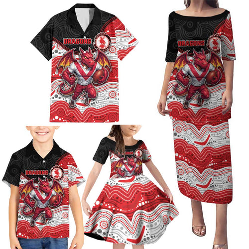 Custom Dragons Family Matching Puletasi and Hawaiian Shirt Warrior Mascot With Aboriginal Indigenous