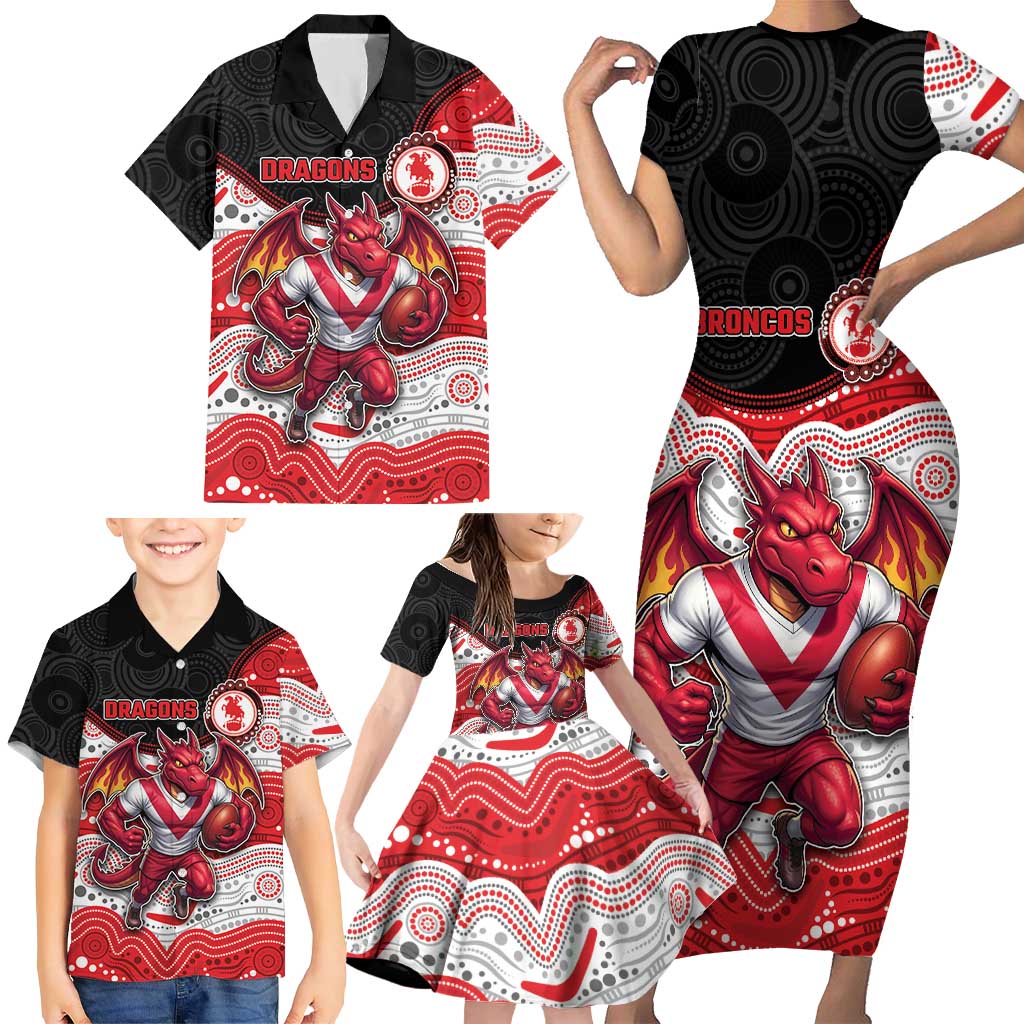 Custom Dragons Family Matching Short Sleeve Bodycon Dress and Hawaiian Shirt Warrior Mascot With Aboriginal Indigenous