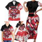 Custom Dragons Family Matching Short Sleeve Bodycon Dress and Hawaiian Shirt Warrior Mascot With Aboriginal Indigenous