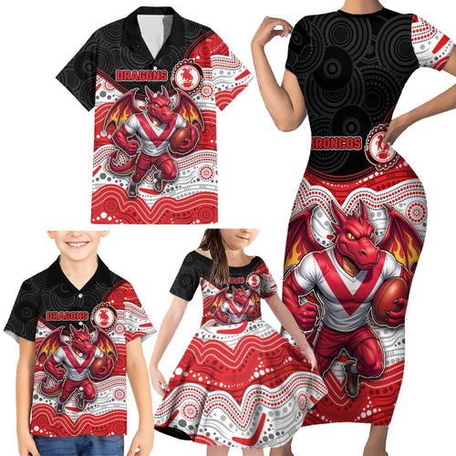 Custom Dragons Family Matching Short Sleeve Bodycon Dress and Hawaiian Shirt Warrior Mascot With Aboriginal Indigenous