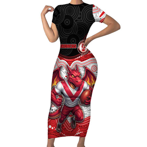 Custom Dragons Family Matching Short Sleeve Bodycon Dress and Hawaiian Shirt Warrior Mascot With Aboriginal Indigenous